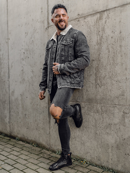 Men's Warm Trucker Denim Jacket with Furry Collar Black Bolf 1160