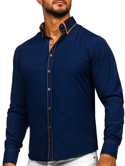 Men's Elegant Long Sleeve Shirt Navy Blue Bolf 3703