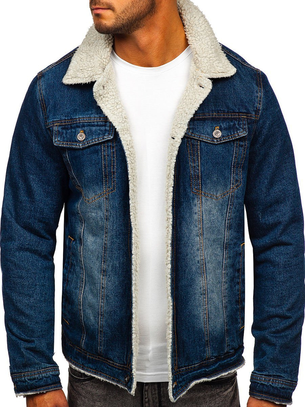 Men's Warm Denim Trucker Jacket with Furry Collar Navy Blue Bolf 1155