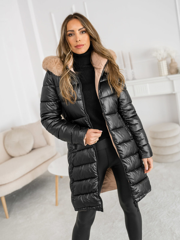 Women's Reversible Longline Winter Jacket with hood Black Bolf B8202