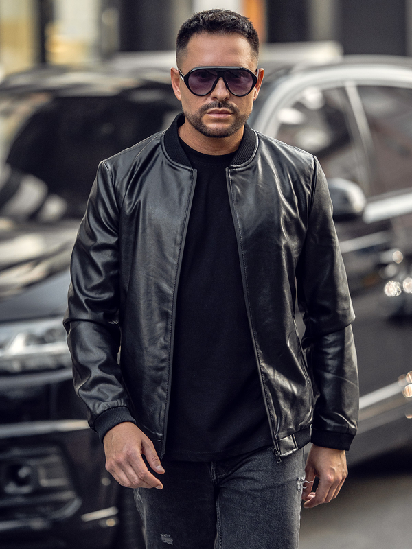 Men's Leather Bomber Jacket Black Bolf 6803A