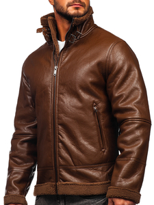 Men's Warm Leather Jacket with Sheepskin Brown Bolf EX930