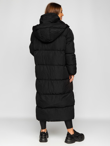 Women's Longline Quilted Winter Coat Jacket with Hood Black Bolf R6702
