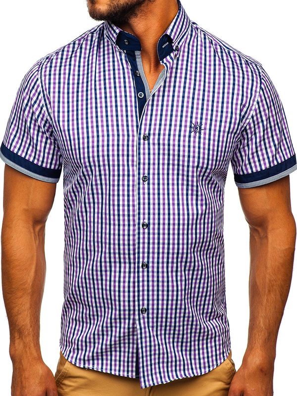 Men's Short Sleeve Checkered Shirt Violet Bolf 4510