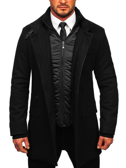 Men's Single-Breasted Winter Coat with Detachable Stand Up Collar Black Bolf 8802