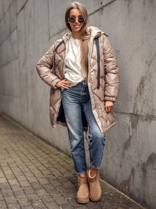 Women's Longline Quilted Winter Jacket with hood Camel Bolf 5M3189
