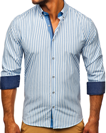 Men's Striped Long Sleeve Shirt Navy Blue Bolf 20704