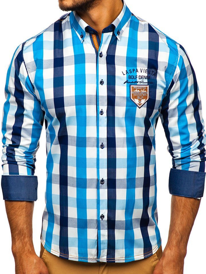 Men's Checkered Long Sleeve Shirt Sky Blue Bolf 1766-1