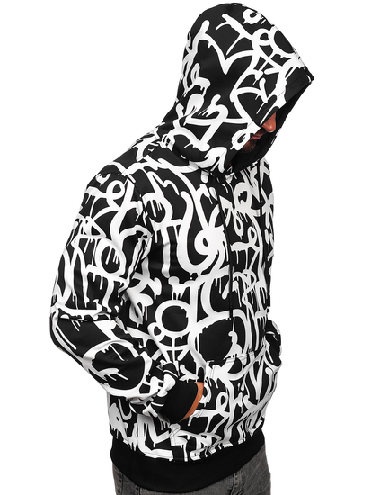 Men's Printed Kangaroo Hoodie Black-White Bolf 8B1152