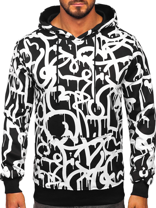Men's Printed Kangaroo Hoodie Black-White Bolf 8B1152