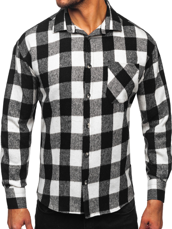Men’s Checkered Long Sleeve Flannel Shirt White-Black Bolf 2025-1