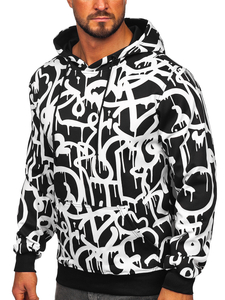 Men's Printed Kangaroo Hoodie Black-White Bolf 8B1152