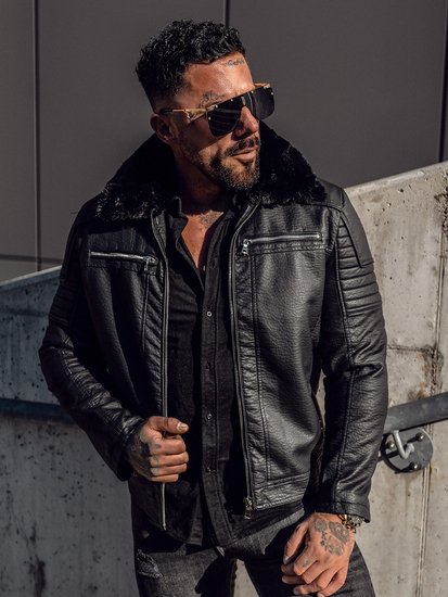 Men's Leather Biker Jacket with Fur Black Bolf 11Z8013