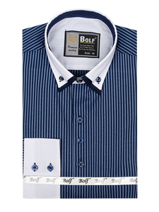 Men's Elegant Striped Long Sleeve Shirt Navy Blue Bolf 0909-A
