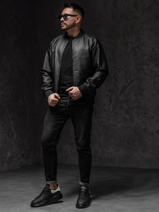 Men's Leather Bomber Jacket Black Bolf 3A66A1