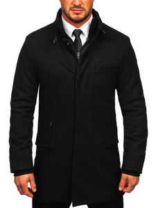 Men's Single-Breasted Winter Coat with Detachable Stand Up Collar Black Bolf 8802