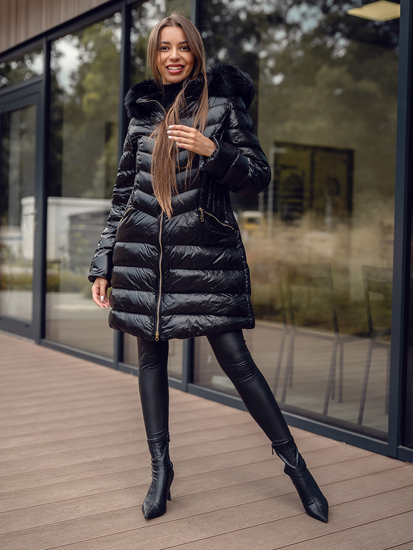 Women's Longline Quilted Winter Jacket with hood Black Bolf 5M3162