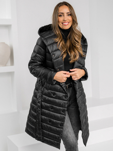 Women’s Longline Winter Quilted Jacket with hood Black Bolf 5M3159A