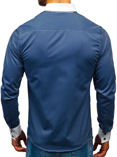 Men's Elegant Striped Long Sleeve Shirt Navy Blue Bolf 0909-A
