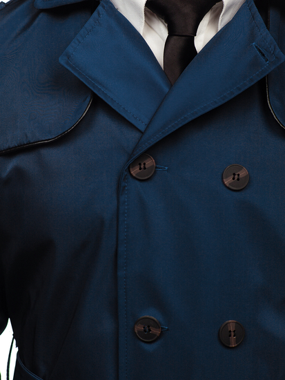 Men's Double-Breasted Trench Coat with High Collar and Belt Light Blue Bolf 0001