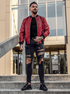 Men's Leather Bomber Jacket Red Bolf 1147A