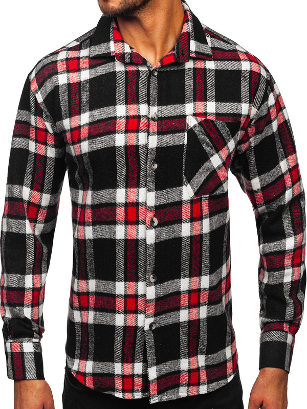 Men’s Checkered Long Sleeve Flannel Shirt Red Bolf 2025-3