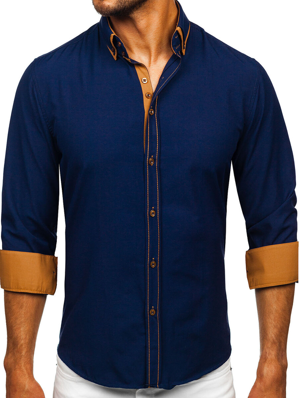 Men's Elegant Long Sleeve Shirt Navy Blue Bolf 3703