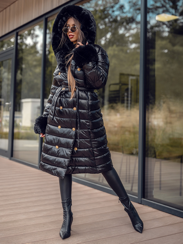 Women's Longline Winter Quilted Jacket with hood Black Bolf 5M3160