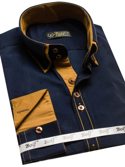 Men's Elegant Long Sleeve Shirt Navy Blue Bolf 3703