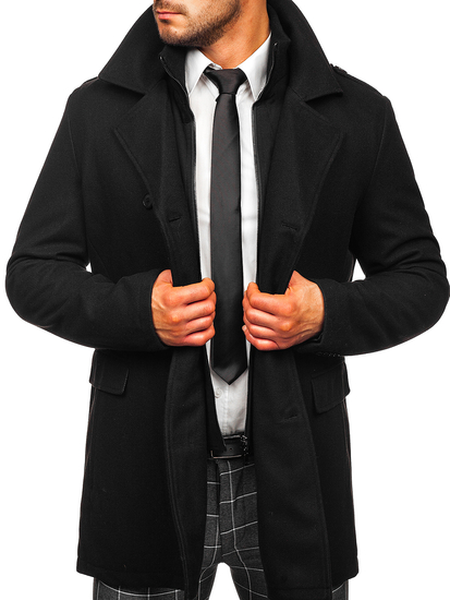 Men's Double-breasted Winter Coat with Detachable Stand Up Collar Black Bolf 8805