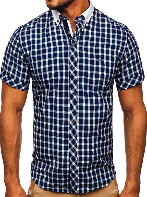 Men's Elegant Checked Short Sleeve Shirt Bolf Navy Blue 5531