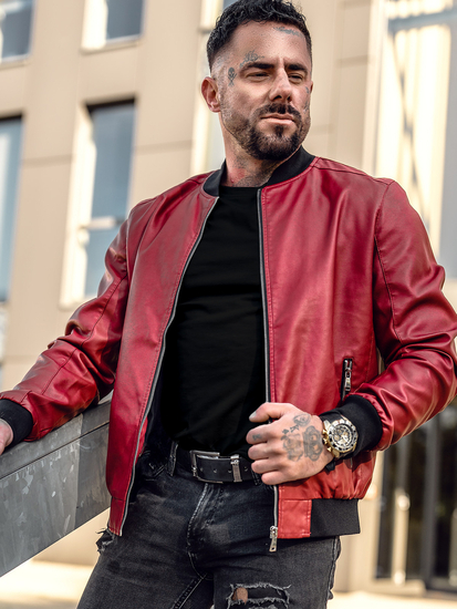 Men's Leather Bomber Jacket Red Bolf 1147A