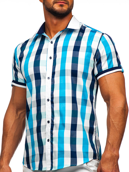 Men's Elegant Checkered Short Sleeve Shirt Turquoise Bolf 8901