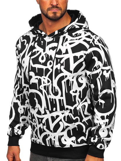 Men's Printed Kangaroo Hoodie Black-White Bolf 8B1152