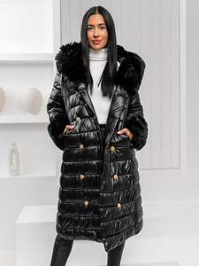 Women’s Longline Winter Quilted Jacket with hood Black Bolf 5M3160A
