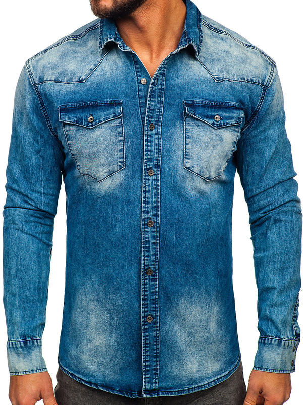 Men's Long Sleeve Denim Shirt Navy Blue Bolf MC710BS