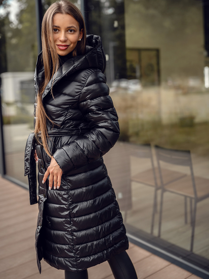 Women's Longline Quilted Winter Jacket with hood Black Bolf 5M3159