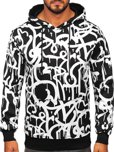 Men's Printed Kangaroo Hoodie Black-White Bolf 8B1152