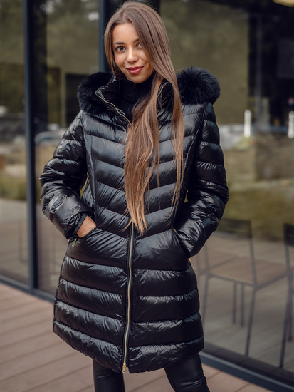 Women's Longline Quilted Winter Jacket with hood Black Bolf 5M3162