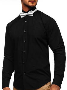 Men's Elegant Long Sleeve Shirt Bow Tie + Cufflinks Black Bolf 4702