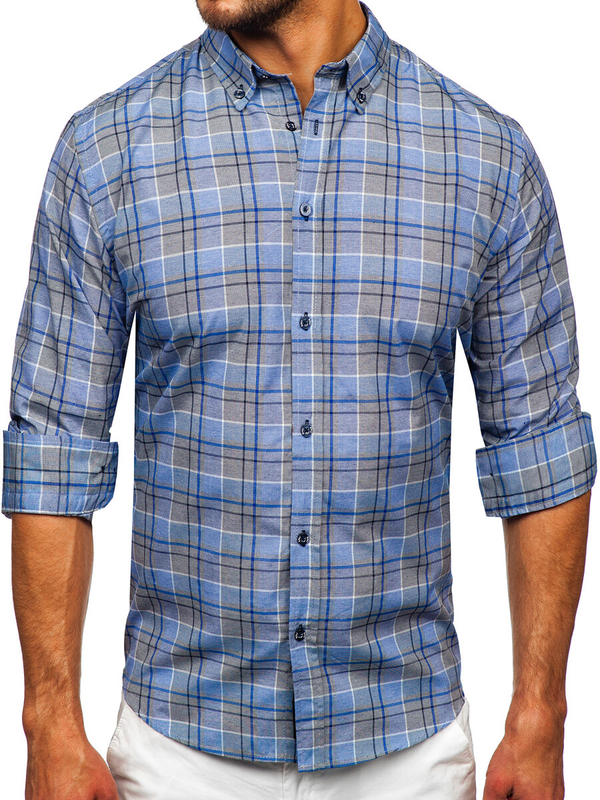 Men's Checkered Long Sleeve Shirt Navy Blue Bolf 22748