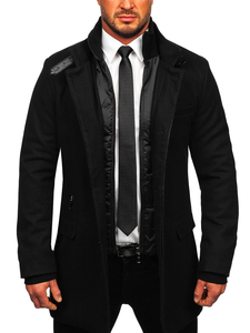 Men's Single-Breasted Winter Coat with Detachable Stand Up Collar Black Bolf 8802