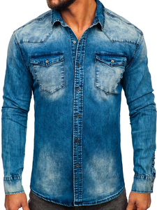 Men's Long Sleeve Denim Shirt Navy Blue Bolf MC710BS