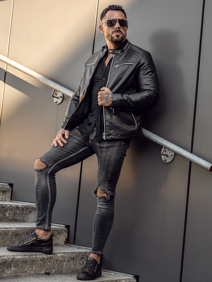 Men's Leather Biker Jacket Black Bolf 11Z8001