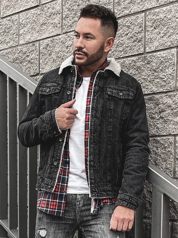 Men's Warm Denim Trucker Jacket with Furry Collar Black Bolf 1159
