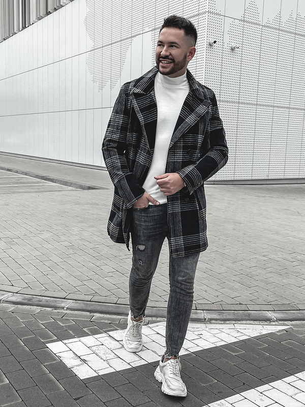 Men's Warm Winter Checkered Coat Black Bolf 1193-1