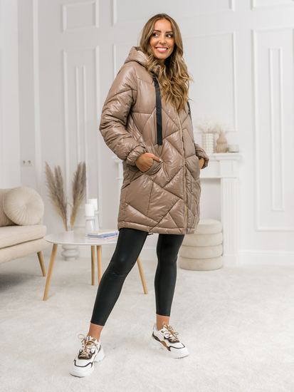 Women’s Longline Winter Quilted Jacket with hood Camel Bolf 5M3189A