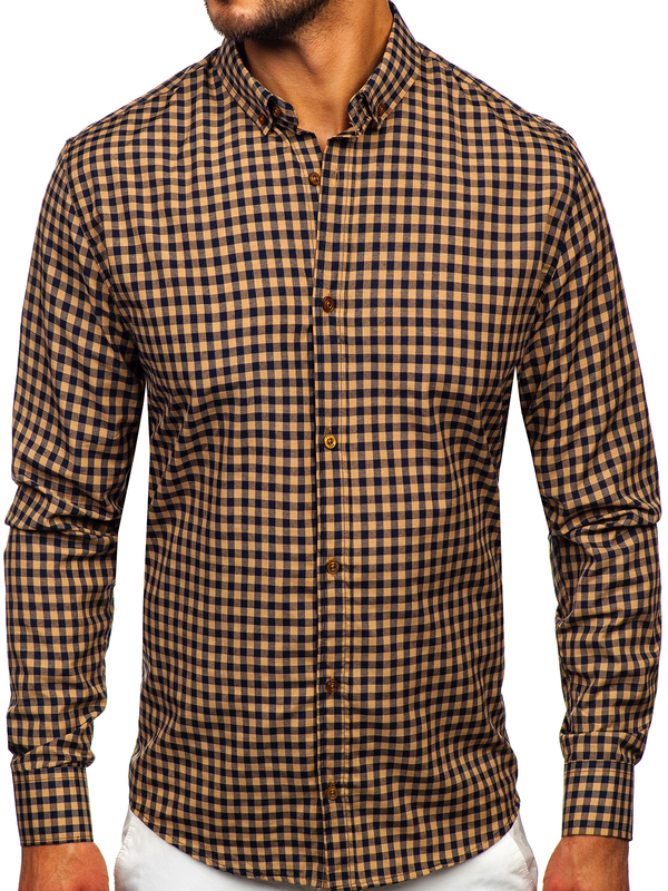 Men's Checkered Long Sleeve Vichy Shirt Brown Bolf 22747