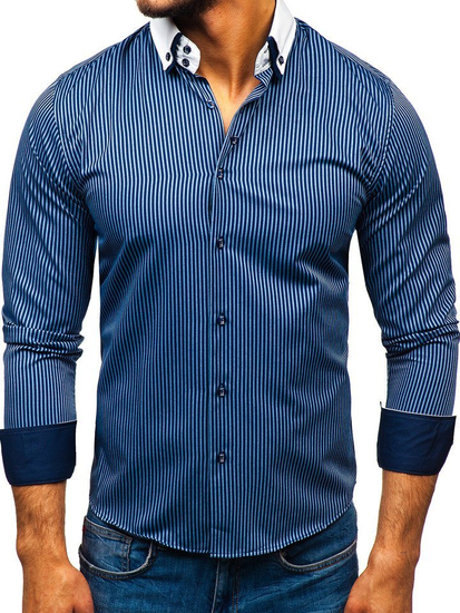 Men's Elegant Striped Long Sleeve Shirt Navy Blue Bolf 0909-A