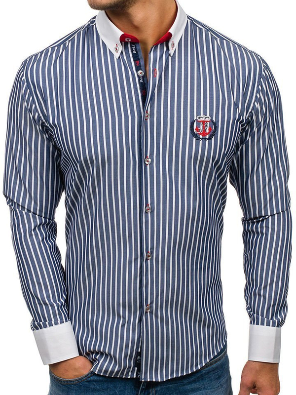 Men's Striped Long Sleeve Shirt Navy Blue Bolf 1771